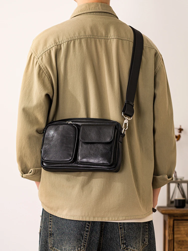 Outdoor riding luxury genuine leather men's crossbody bag business casual designer handmade cow leather black shoulder bag