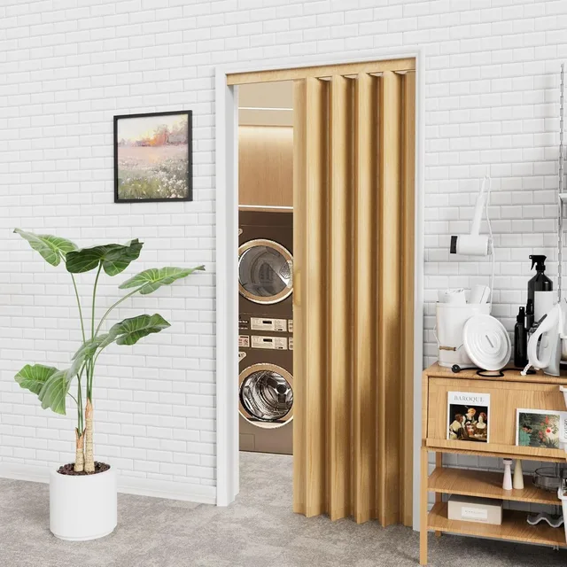 36x80 Oak Accordion Door Interior PVC with Handles, Trimmable Track, Space Saving 3