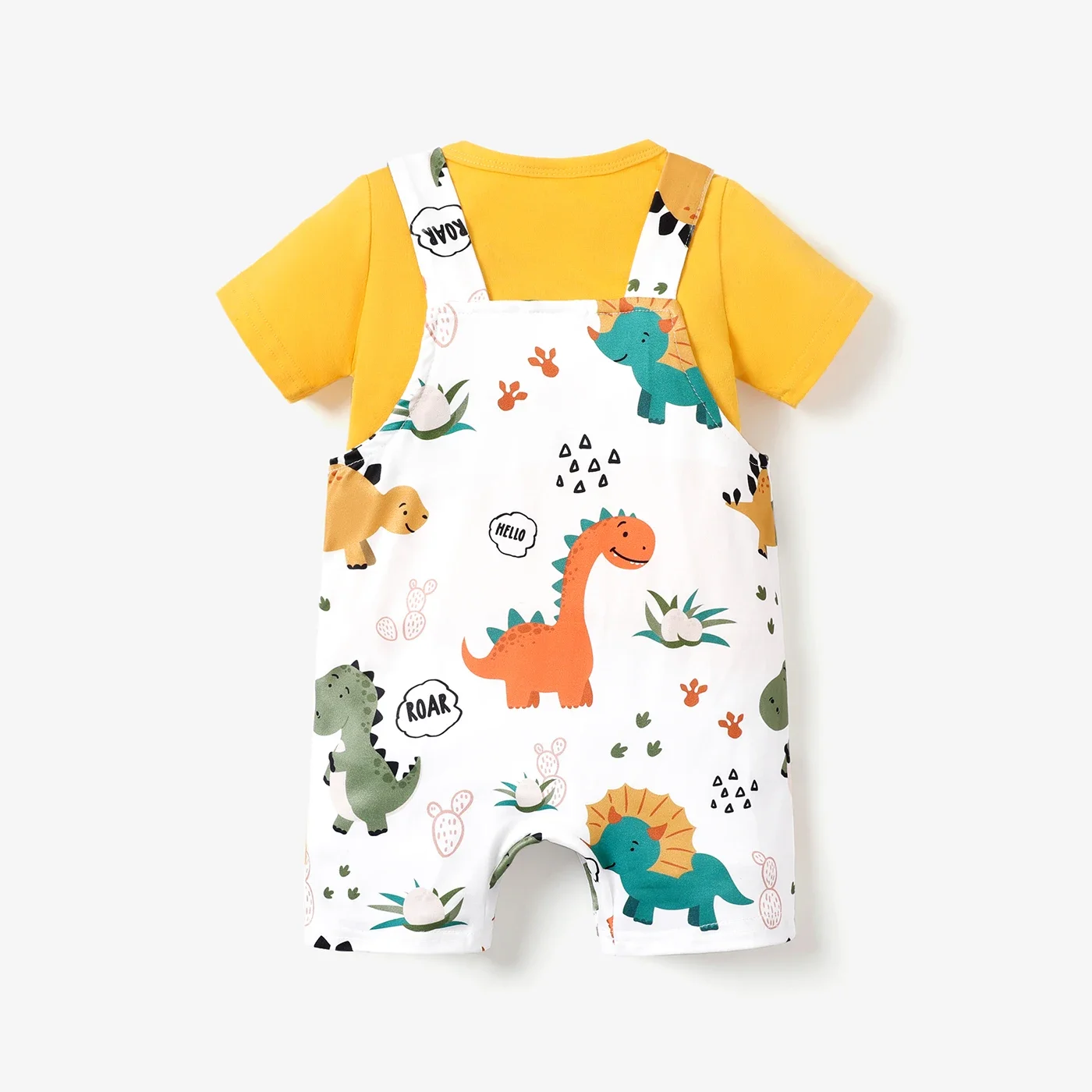 PatPat 2pcs Baby Boy Short-sleeve Solid Tee and Allover Dinosaur Print Overall Romper Set Soft and Comfortable