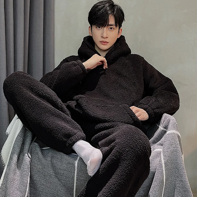 Korean Fashion Winter Flannel Warm Nightwear for Men Hooded Sleepwear 2Pcs/set Sleeping Top Pant Homewear Young Boy Pjs Pyjamas