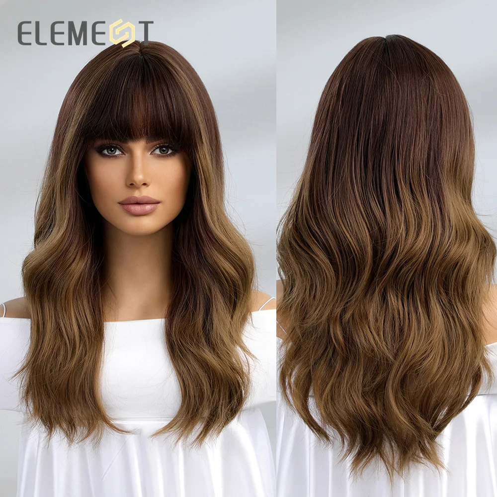 ELEMENT Synthetic Wig Long Medium Water Wavy Ombre Dark Brown with Bangs Wig for Women Party Daily Hair Heat Resistant Fashion