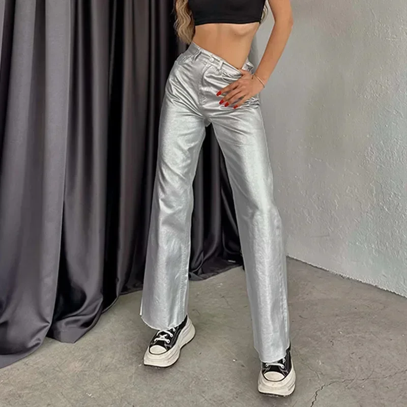 

Women's New Fashion Silver High Waist Strap Pants Vintage Pockets Elegant Commuting Casual Loose Fit Women's Shiny Pants Y2K