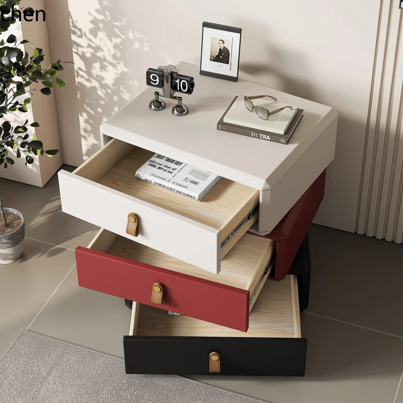 YFY minimalist rotating bedside table three-layer leather solid wood storage bedroom bedside table