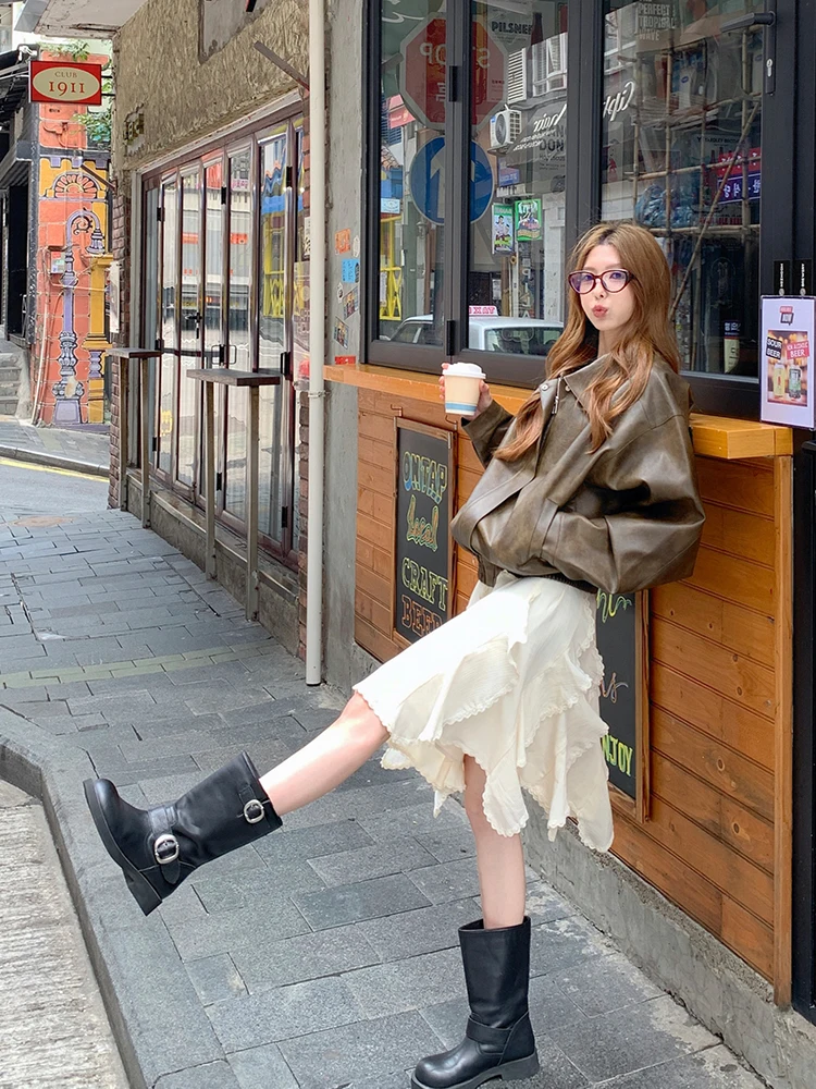 LingLai Heavy Industry American Sweet Retro Biker Jacket Women's Spring Autumn Loose Slimming Leather Coat Long Sleeve Zipper