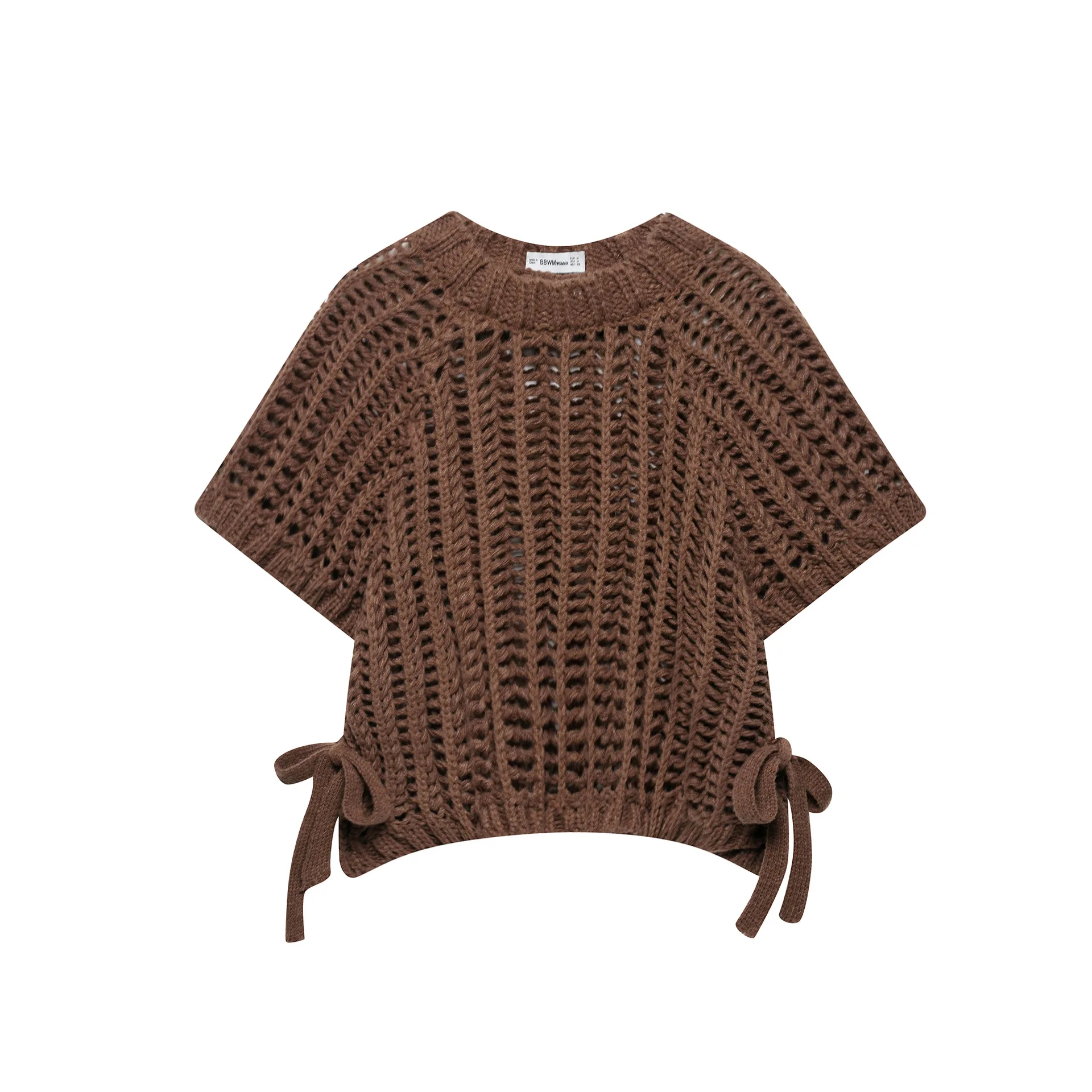 

Women Knitwear Solid Side Lace Up Bow Crochet Knitted Pullover O-Neck Short Sleeves Temperament Chic Tops Coarse Needle Sweater