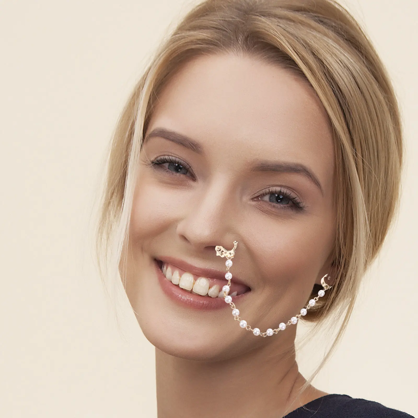 2Pcs Imitation Pearl Nose Ring Chain Set Tassel Dangle Nose to Ear Jewelry Fashion Punk Stylish Comfortable Lightweight Body
