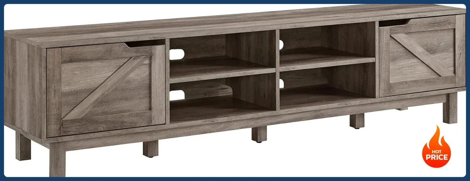 

[New Arrival!]Tinsley Rustic Barn-Door Low Stand for TVs up to 80 Inches, 70 Inch, Grey Wash