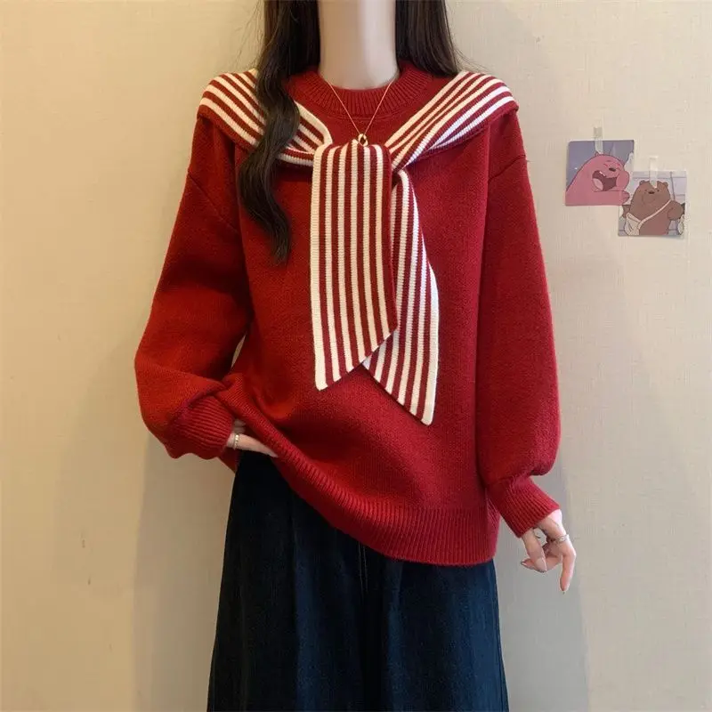 Women's Set with Spring and Autumn Striped Shawl Patchwork Sweater and High Waisted Loose Straight Leg Pants Two Piece Set