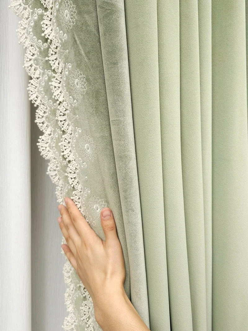 تخصيص الدانتيل الأخضر التطريز المخملية سميكة ستائر التعتيم لغرفة المعيشة غرفة نوم نافذة الفرنسية شرفة فيلا #4