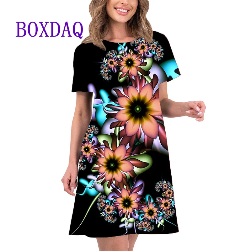 New Women's Dresses 3D Floral Printing Elements Elegant Casual Short Sleeve A-Line Dresses Y2K Fashion Women's Dresses Summer