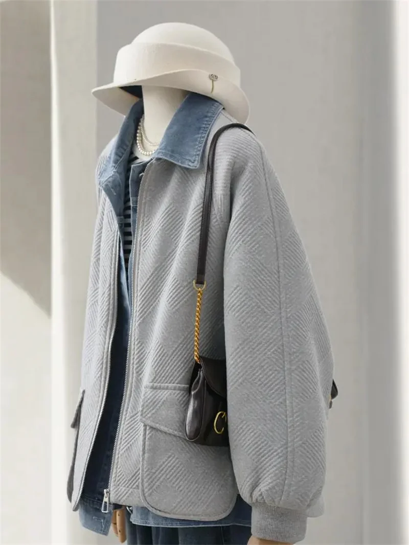 Cowboy Patchwork Fake Two Piece Short Jacket for Women 2024 Spring New Hong Kong Style Retro Versatile Commuting Style Coat Top
