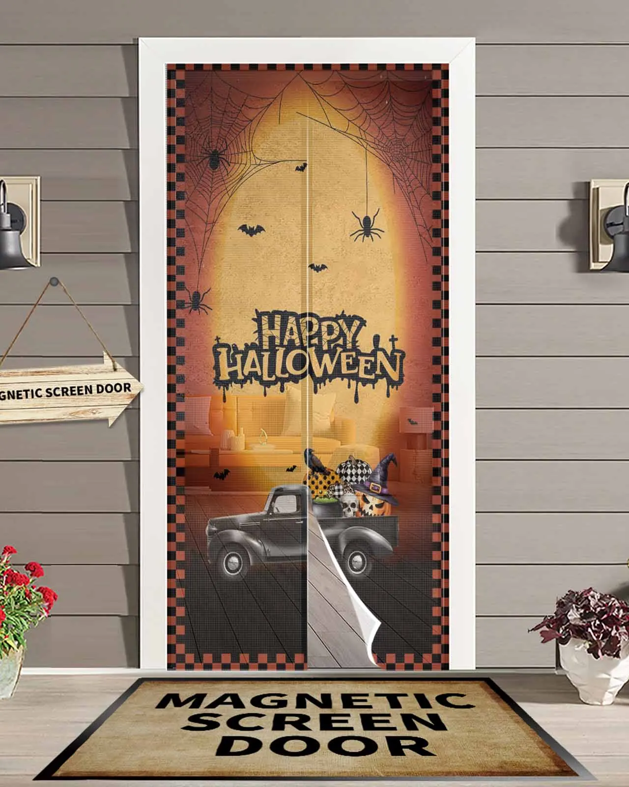 

Halloween Pumpkin Orange Plaid Magnetic Door Curtain Living Room Bedroom Home Anti-mosquito Screen Door Curtain