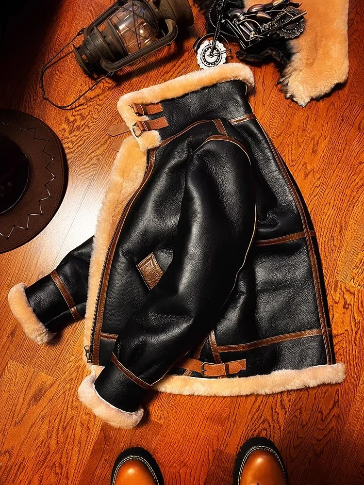 YR!Top quality .Classic Air Force B3 fur jacket.Men luxury Thick Wool warm shearling coat.real natural fur leather cloth.