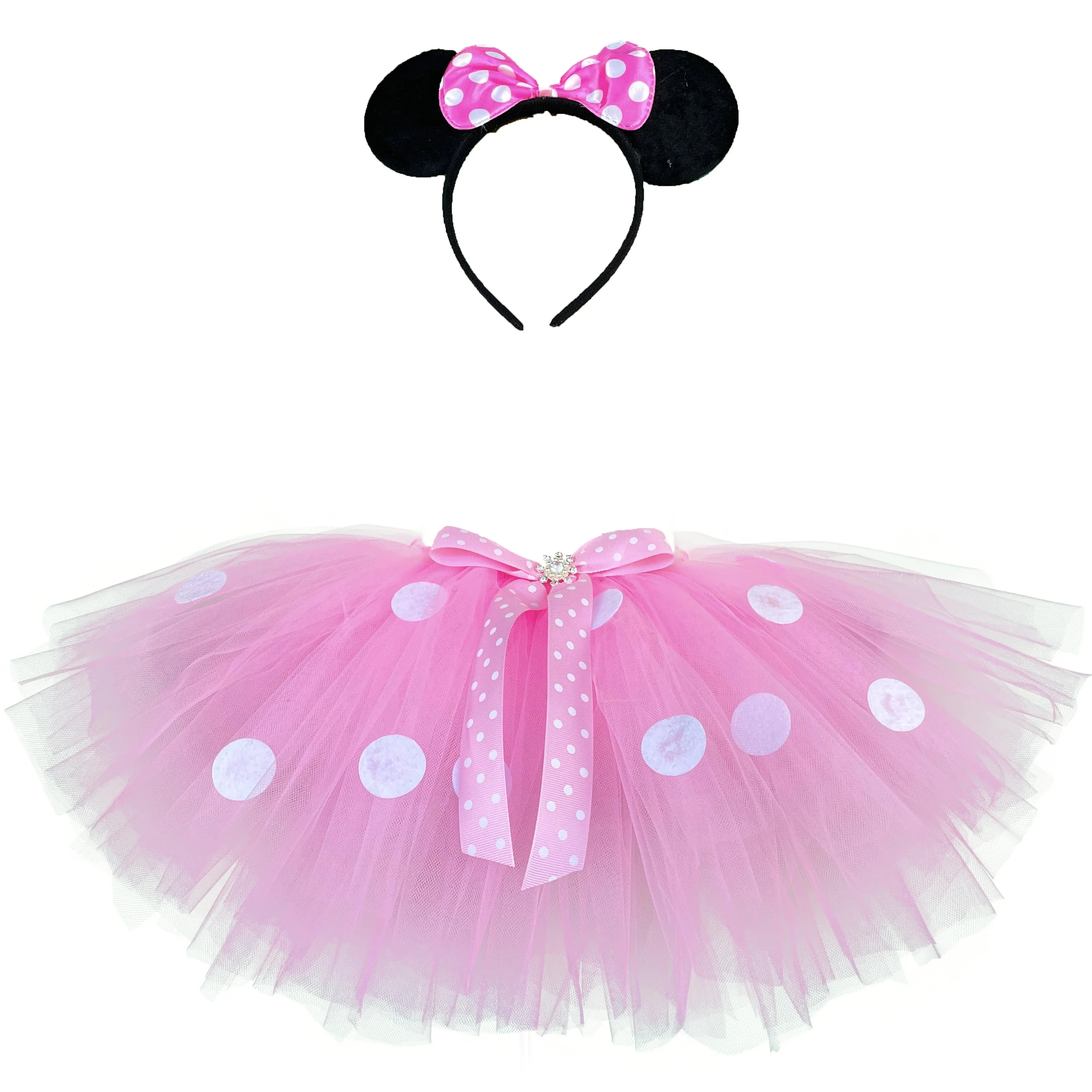 Faldas de lunares rosas y blancas para niñas, tutús de ballet para bebé, faldas de tul con lazo para el pelo, conjunto de disfraz de fiesta de dibujos animados para niños