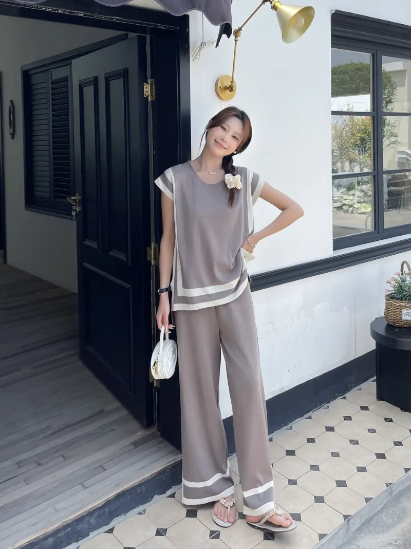 New two piece set Women Korean Fashion Casual Knitted Patchwork O-necl Short Sleeve Pullover Tops + Split Wide Leg Pants Sets