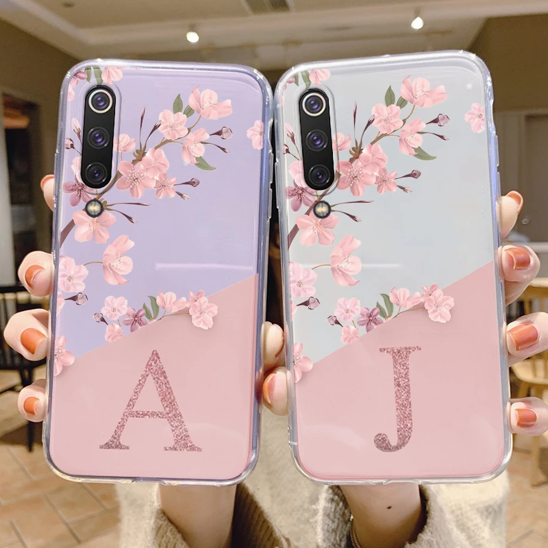 Initial Letter Case For Xiaomi Mi 9 Capa Mi9 Lite SE Fashion Phone Cover Pink Flowers Alphabet Transparent Funda For Xiaomi Mi 9