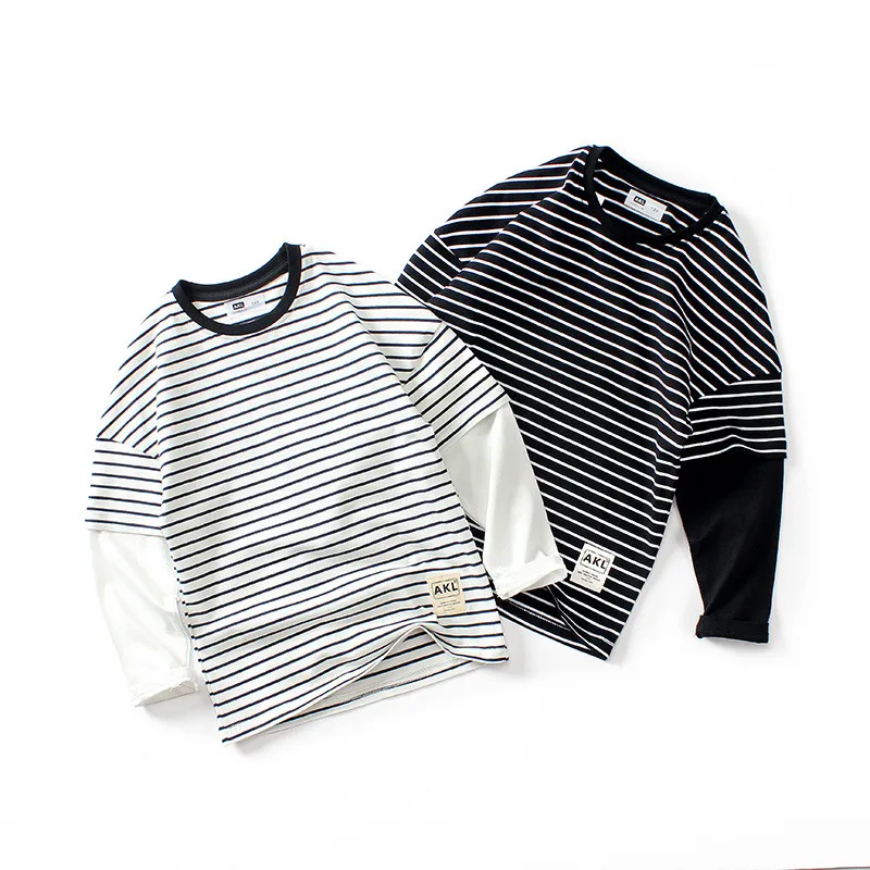 Boy's Long Sleeve Cotton T-Shirt Patchwork Striped Design Kids Casual Tops Tees For Children Girl 6 8 10 12 14 Years Wear