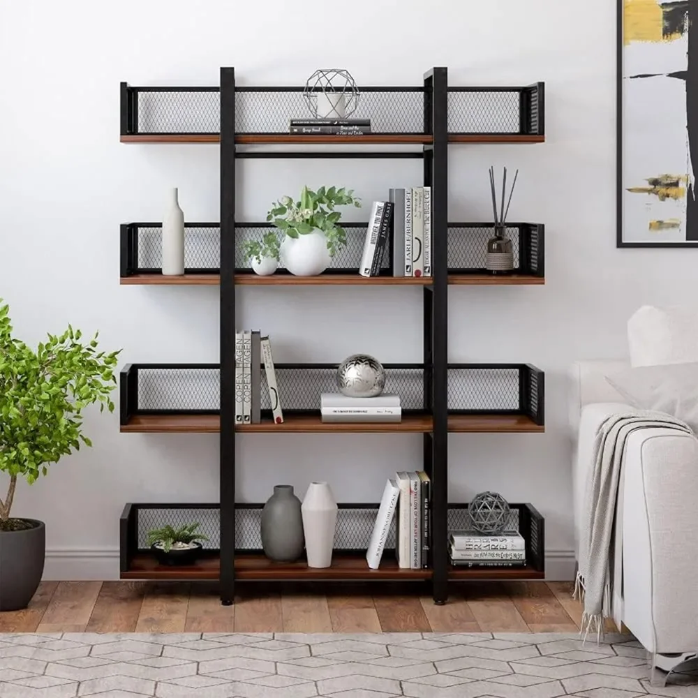 4 Tier Solid Pine Wood and Metal Frame Industrial Bookshelf, Bookcase with Mesh Barriers for Bedroom, Office, Black,Bookcases