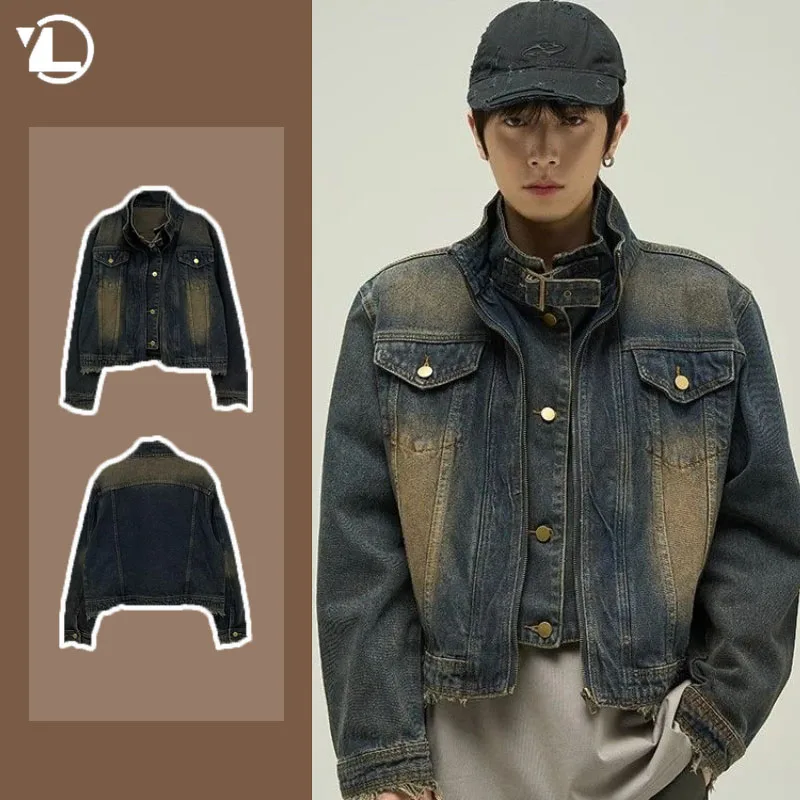 Mens Denim Jacket American Vintage Fake Two Pieces Design Washed Trend Jeans Coat Male Hip Hop High Collar Unisex Outwear 2024