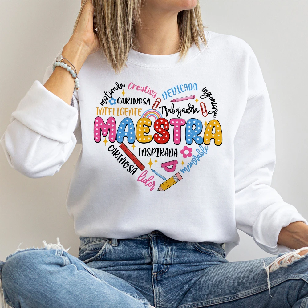 

Spanish Maestra Print Girl sweatshirt Casual long Sleeve Round Neck Fashion hoodie Shirt Teacher Comfy Tee Top Teacher Clothes