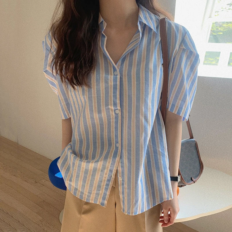 Chic Summer Sweet Fre Milk Soft Blue Striped Turn-down Collar Single Button Loose Casual Bubble Sve irt Women's Faion
