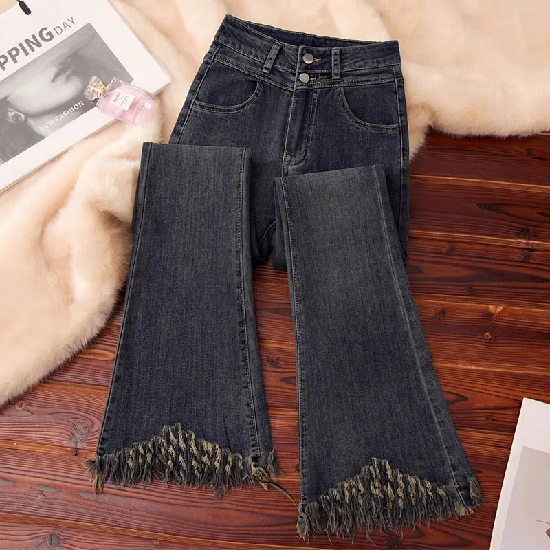 

Retro Women Jeans 2026 New Spring Autumn High Waist Elasticity Tassel Bell-bottoms Ladies Trousers Slim Cowboy Pants Lady