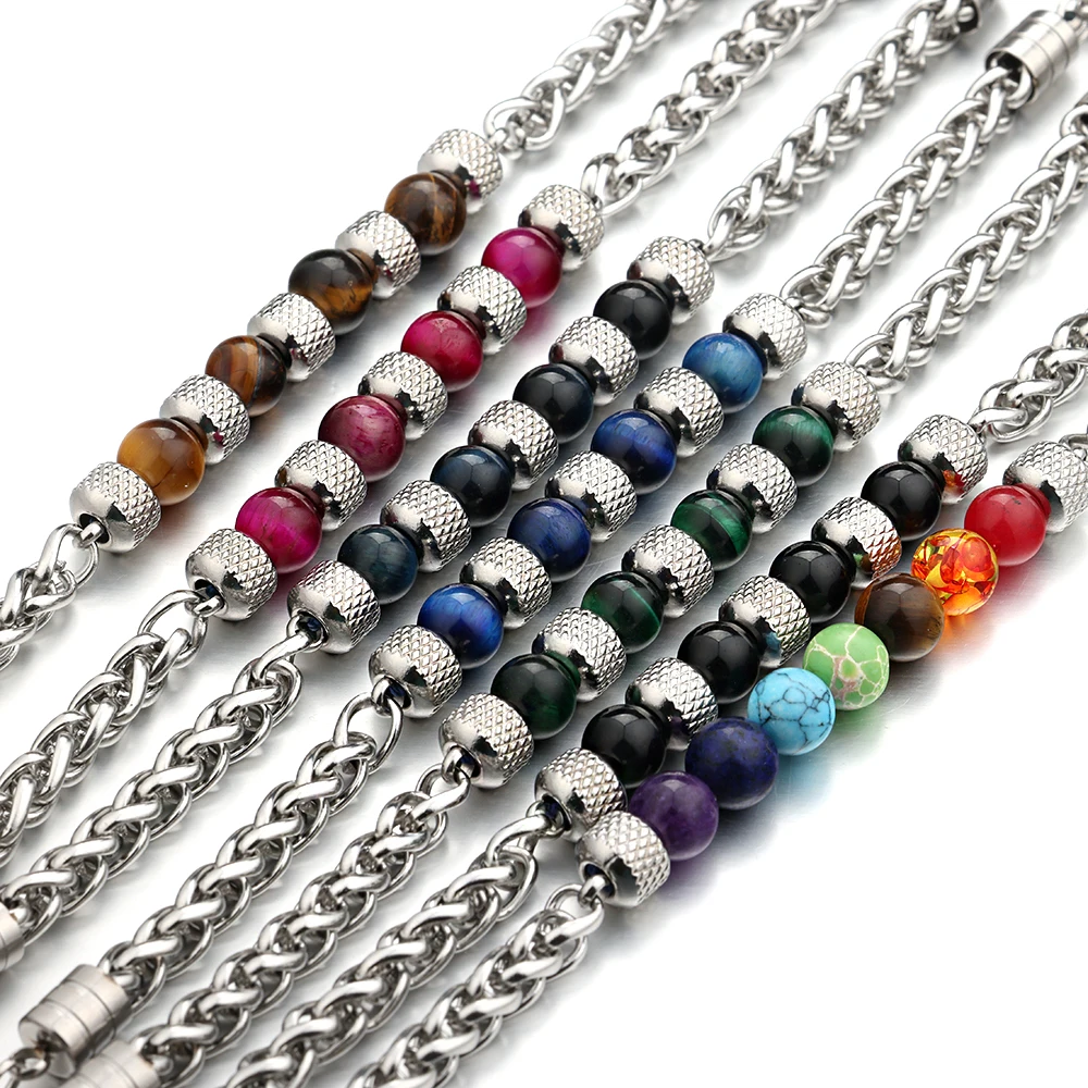 1pc 7 Colorful Chakra Stone Stainless Steel Chain Adjustable Men Women Yoga Energy Bracelet Gift For Good Friend