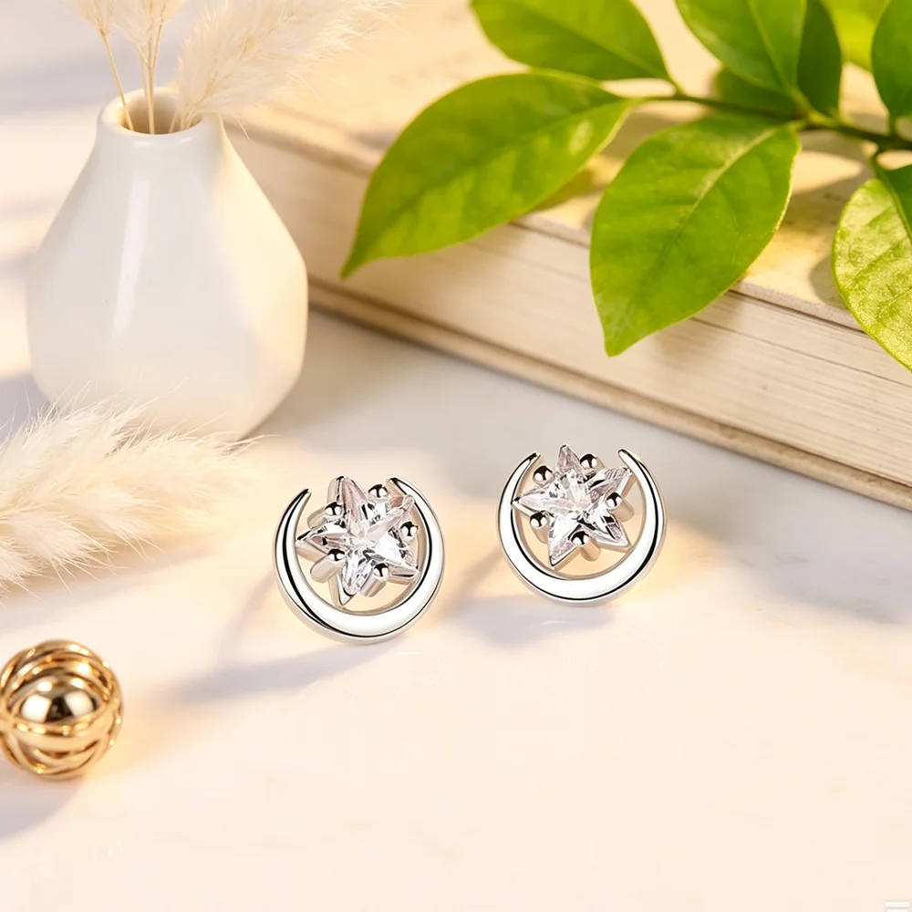 New Latest Moon&Star Cubic Zirconia Stud Earrings For Women Lady 925 Sterling Silver Korean Earrings For Wedding Party