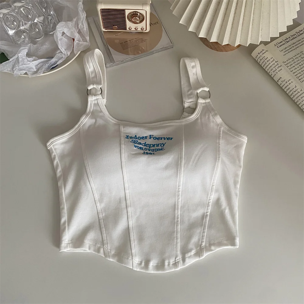 Sexy Tanktops mit Stickerei für Damen, lässige Sport-Crop-Tops im Y2K-Stil mit BH-Einlage, modische schulterfreie Tanktops, lässige Basic-Weste – Detail 9