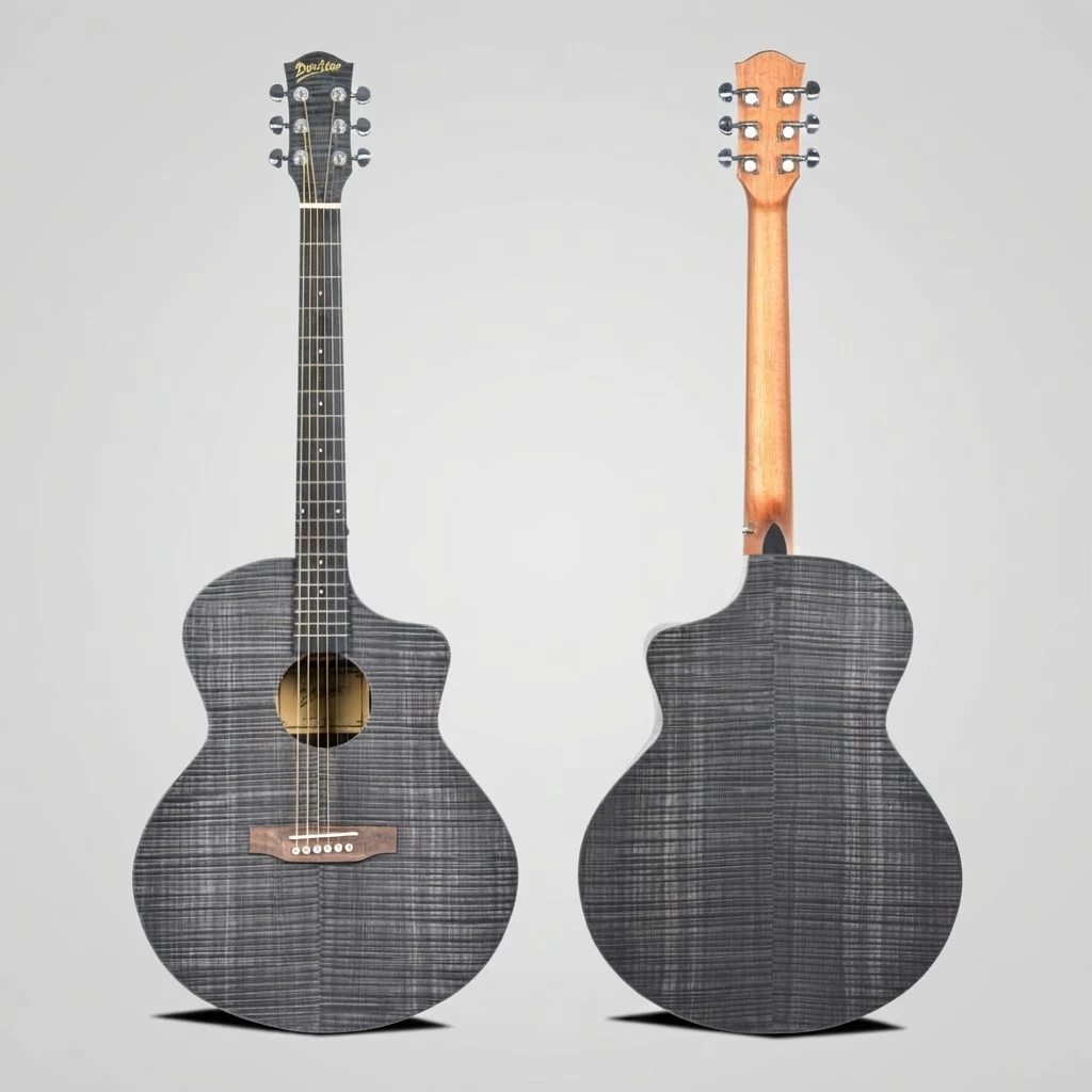 Grey Flamed Tiger Stripe Cutaway Acoustic Guitar Whole Wood Body GA Shape 6 Strings for Beginners, Great for Daily Practice