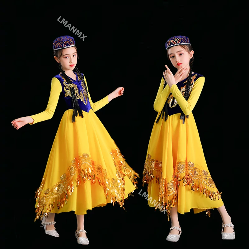 Nouveaux costumes de danse ouïghoure, costumes de spectacle de danse du Xinjiang pour enfants, grande jupe kazakh petite et élégante