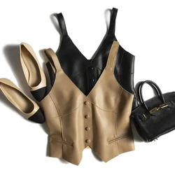 2024 New V-neck Solid Color Leather Vest Women Fashion Temperament Sling Leather Sleeveless Jacket Tank Top Sexy Waistcoat Vests