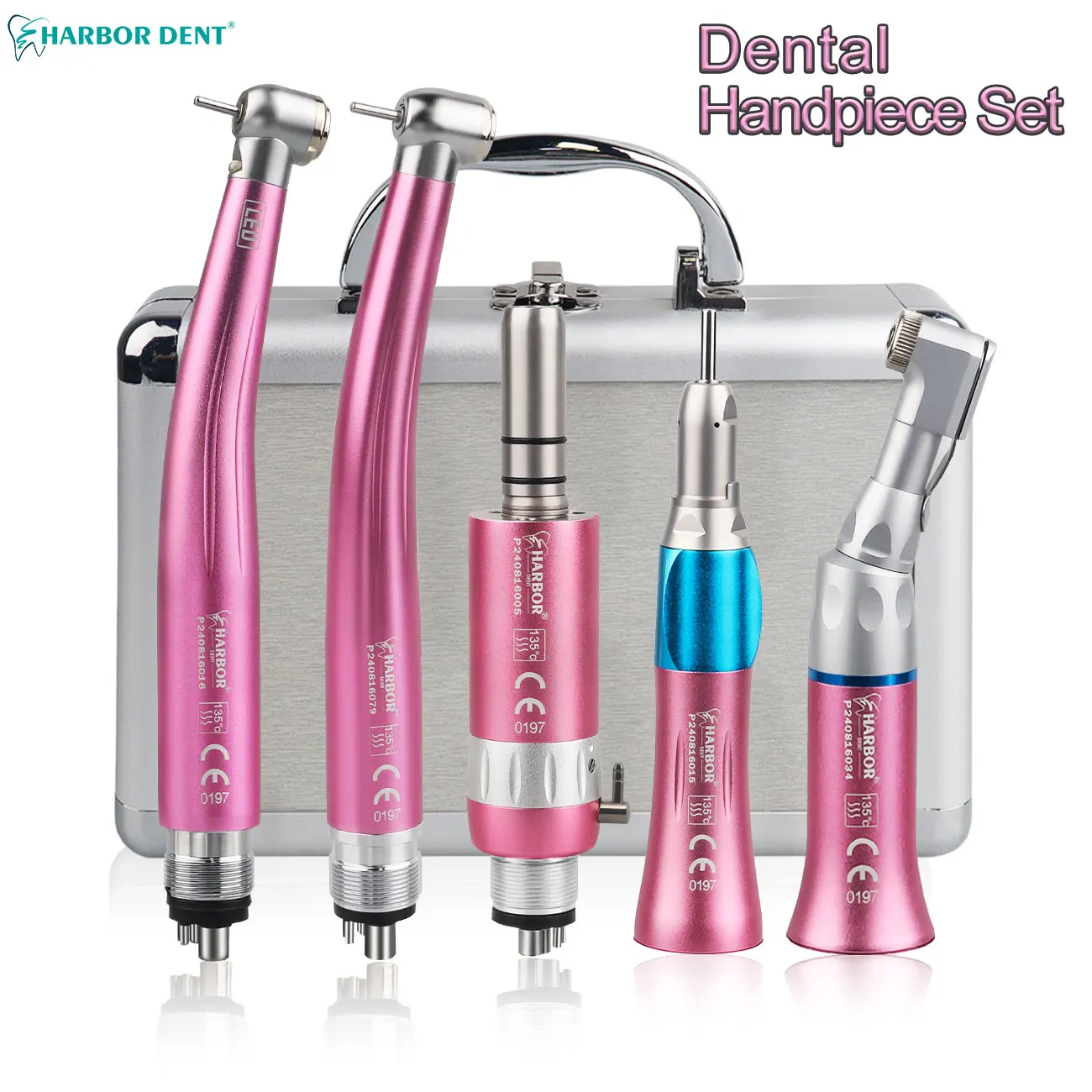 HARBOR Dental LED High & Low Speed Handpiece Standard Head Air Turbine Three Water Straight&Contra Angle&Air Motor 2/4 Hole Pink