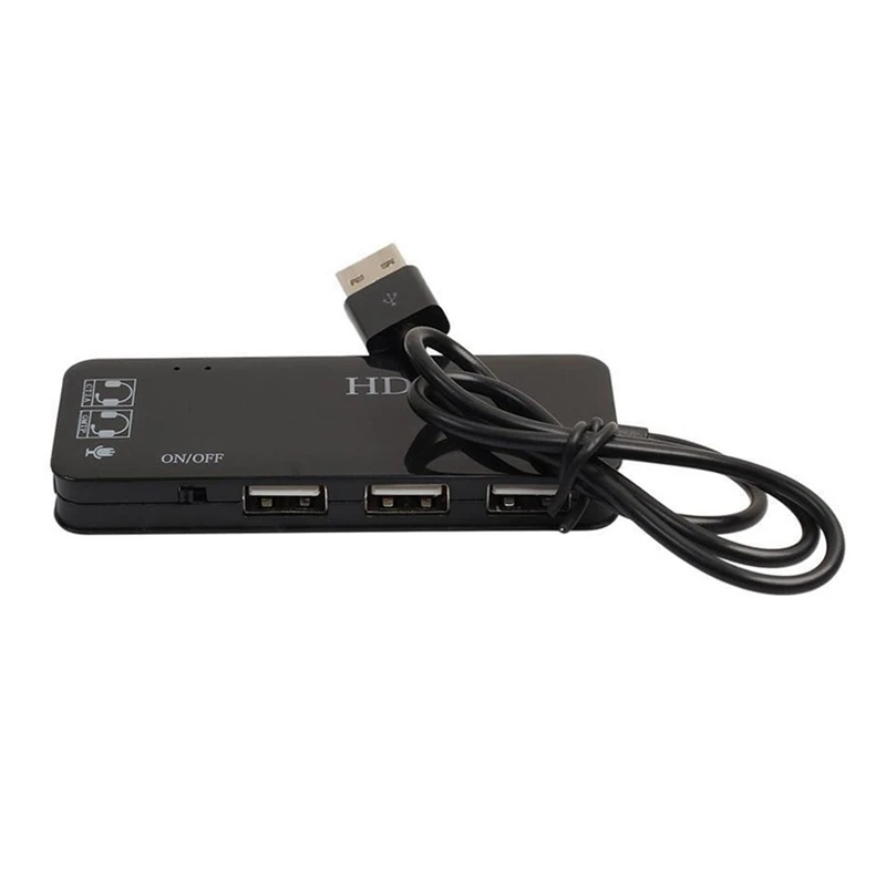 RISE-2X 3 Port USB 2.0 Hub External 7.1Ch Sound Card Headset Microphone Adapter For Pc Black