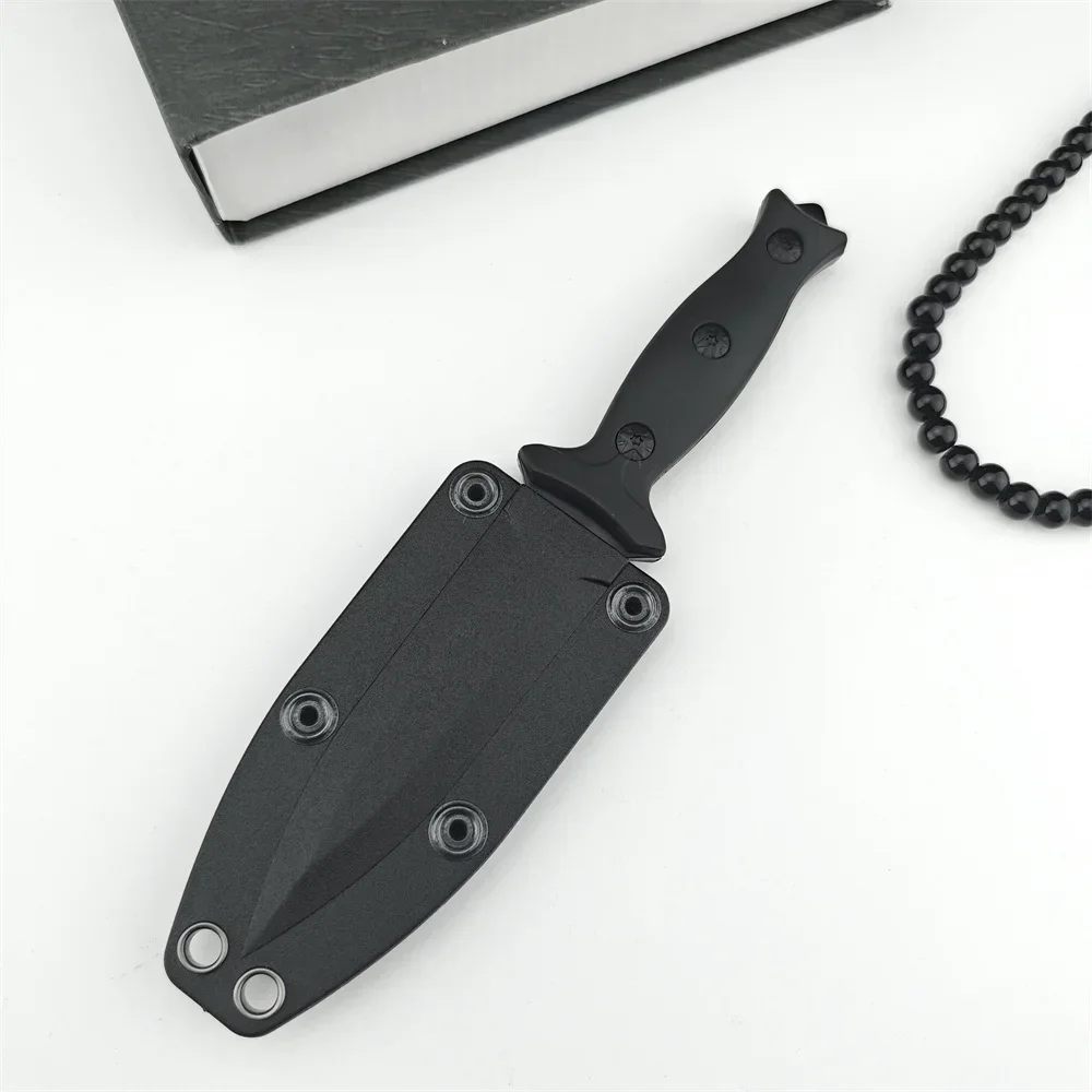 Outdoor Tactical Hunting Small Straight Knife All Black 440C Fixed Blade ABS Handle with Sheath Lightweight Camping EDC Tool