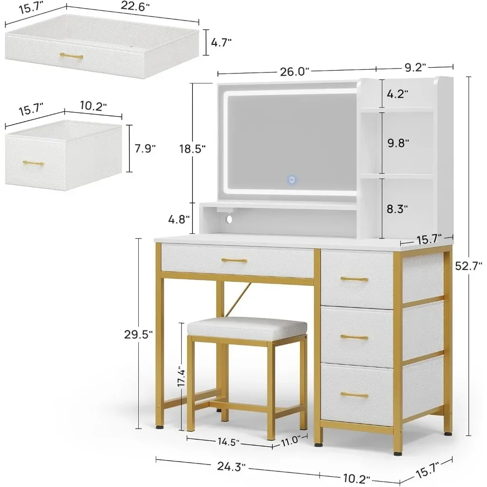 Escritorio de tocador con espejo y luces, tocador de maquillaje con taburete de tocador tapizado, 4 cajones, tomas de corriente, juego de tocador