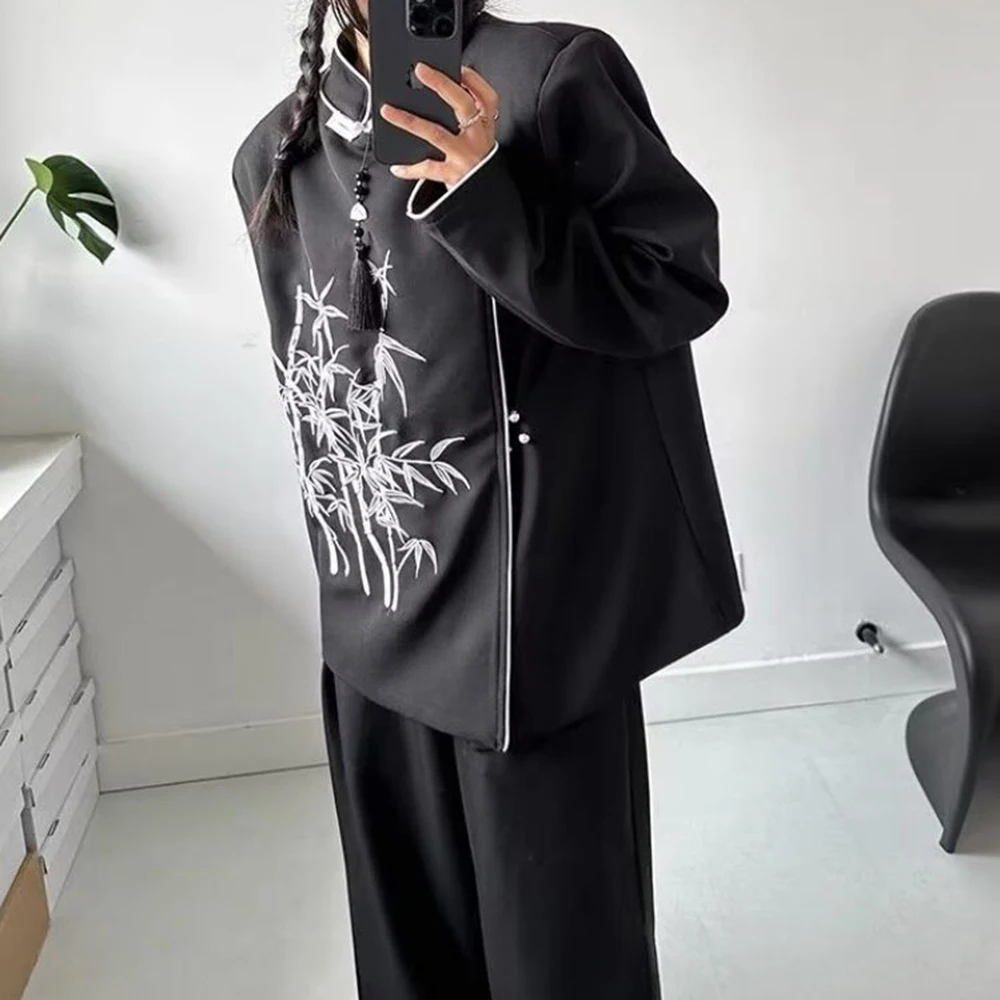 Chinese Style Dark Embroidered Long-Sleeved Tops For Men In Autumn  Fashion Trend Stand-Up Collar Design Hanfu Casual Suit Tops