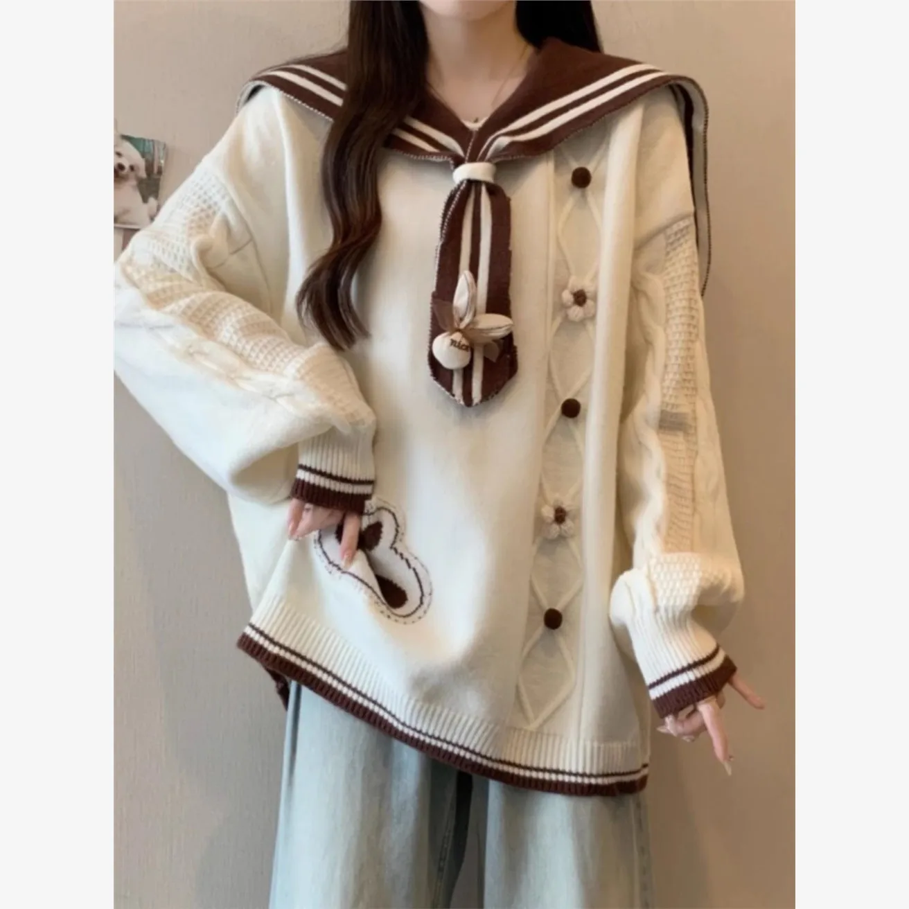 

Caramel Knitted Sweater Navy Collar Women's Outerwear Large Size Spring Autumn Winter New Sle Comfortable Coolmax Fiber