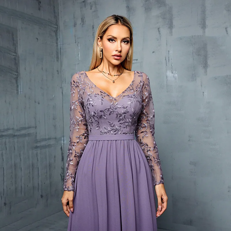 Elegant V-neck Embriodery Long Sleeves Formal Evening Dress Purple