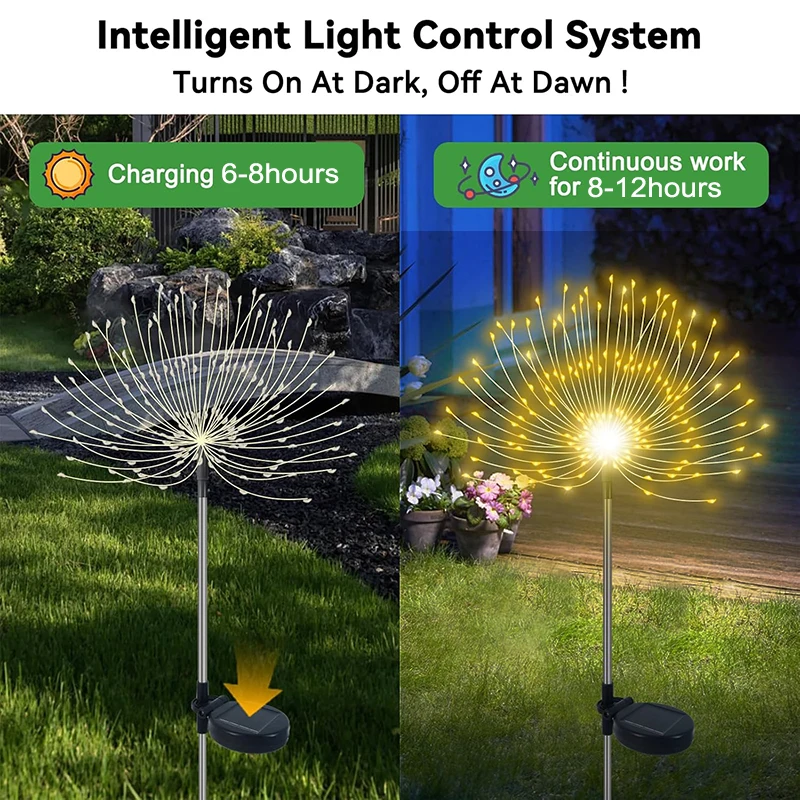 야외 200LED 요정 조명 태양 광 발전 방수 불꽃 놀이 잔디 램프 장식 파티오 통로 정원 마당