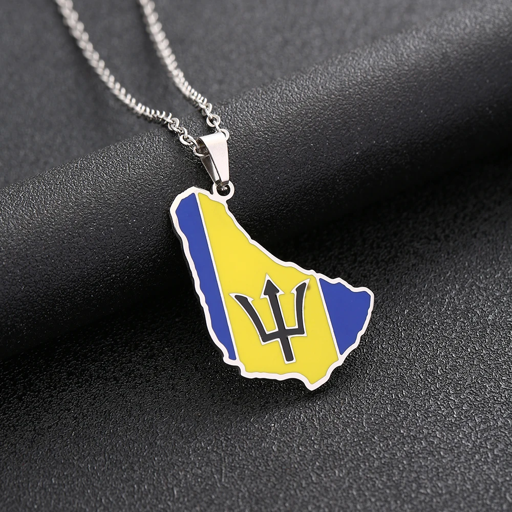 Barbados Map Flag Pendant Necklace Stainless Steel For Women Girls Gold Silver Color Charm Fashion Caribbean Sea Jewelry Gift