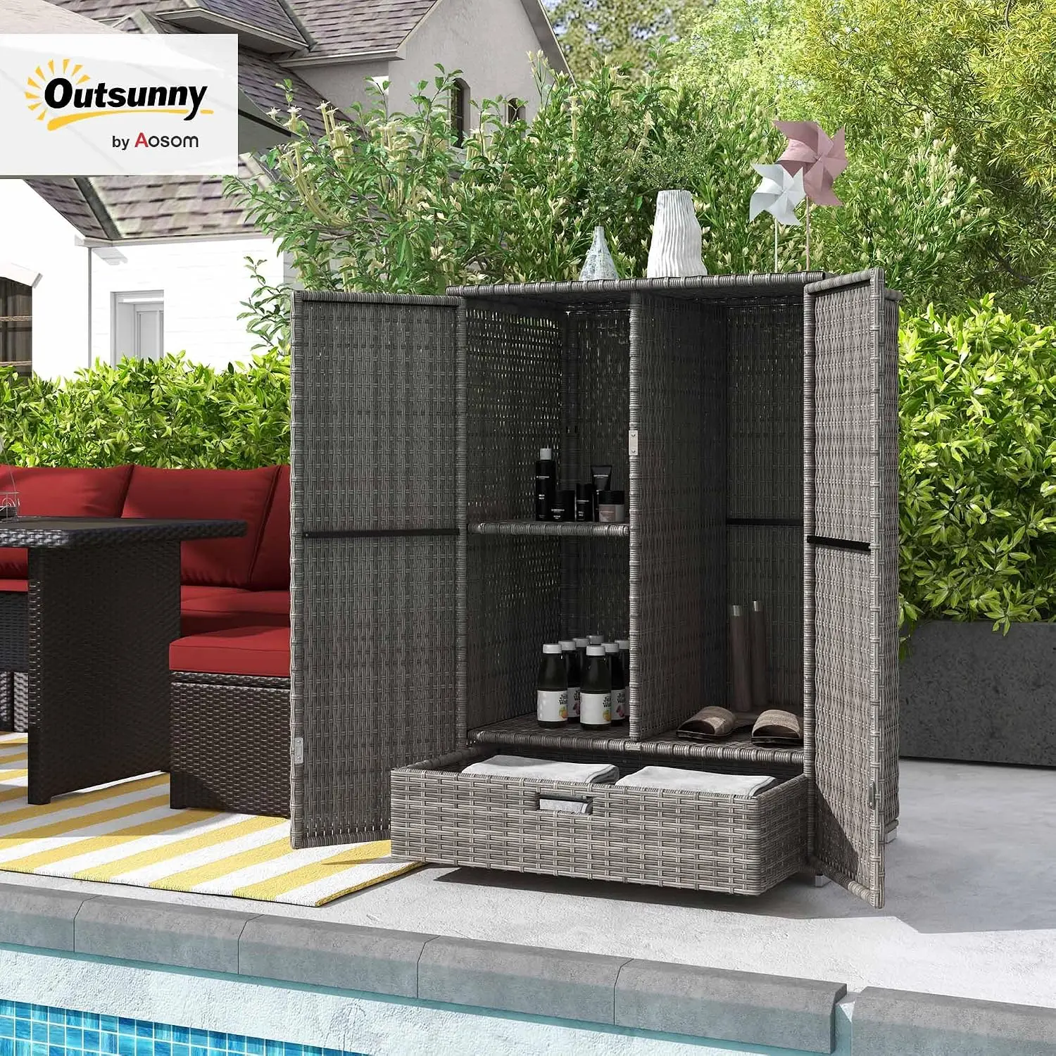 Wicker Outdoor Storage Cabinet with Shelves, 2-Door, Dark Gray