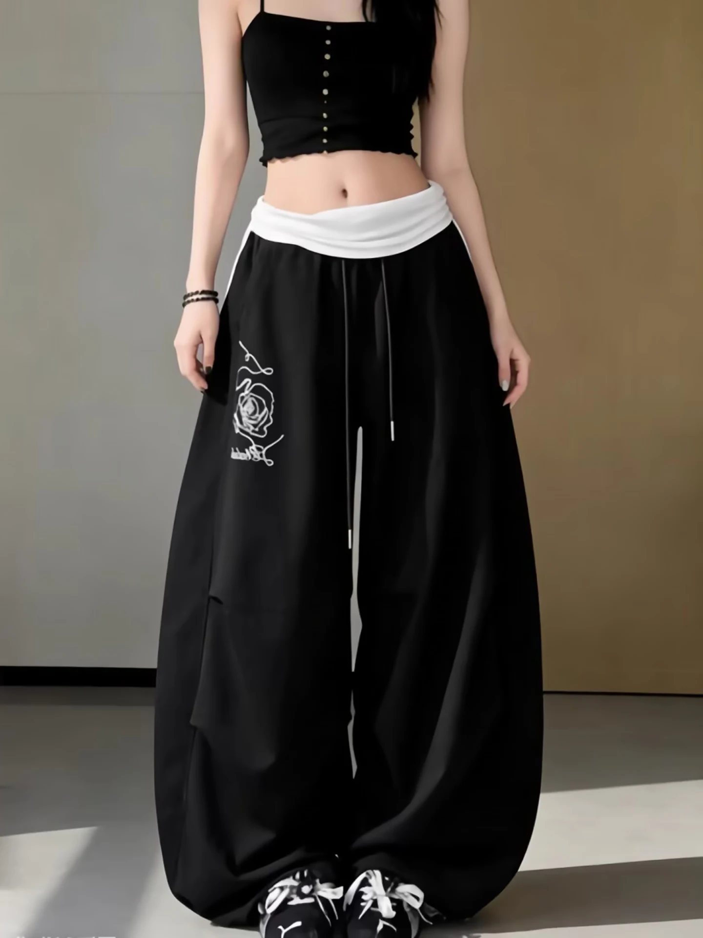 American Street Style Wide Leg Pants Women's Black Jazz Dance Pants Casual Trousers Color Block Waist Head Ladies Pants