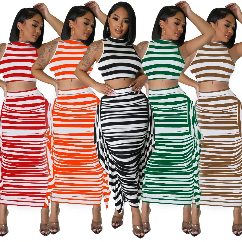 Women Summer Striped Two Piece Set O Neck Sleeveless Tank Crop Tops Side Ruffles High Waist Bodycon Maxi Skirts Casual Suits