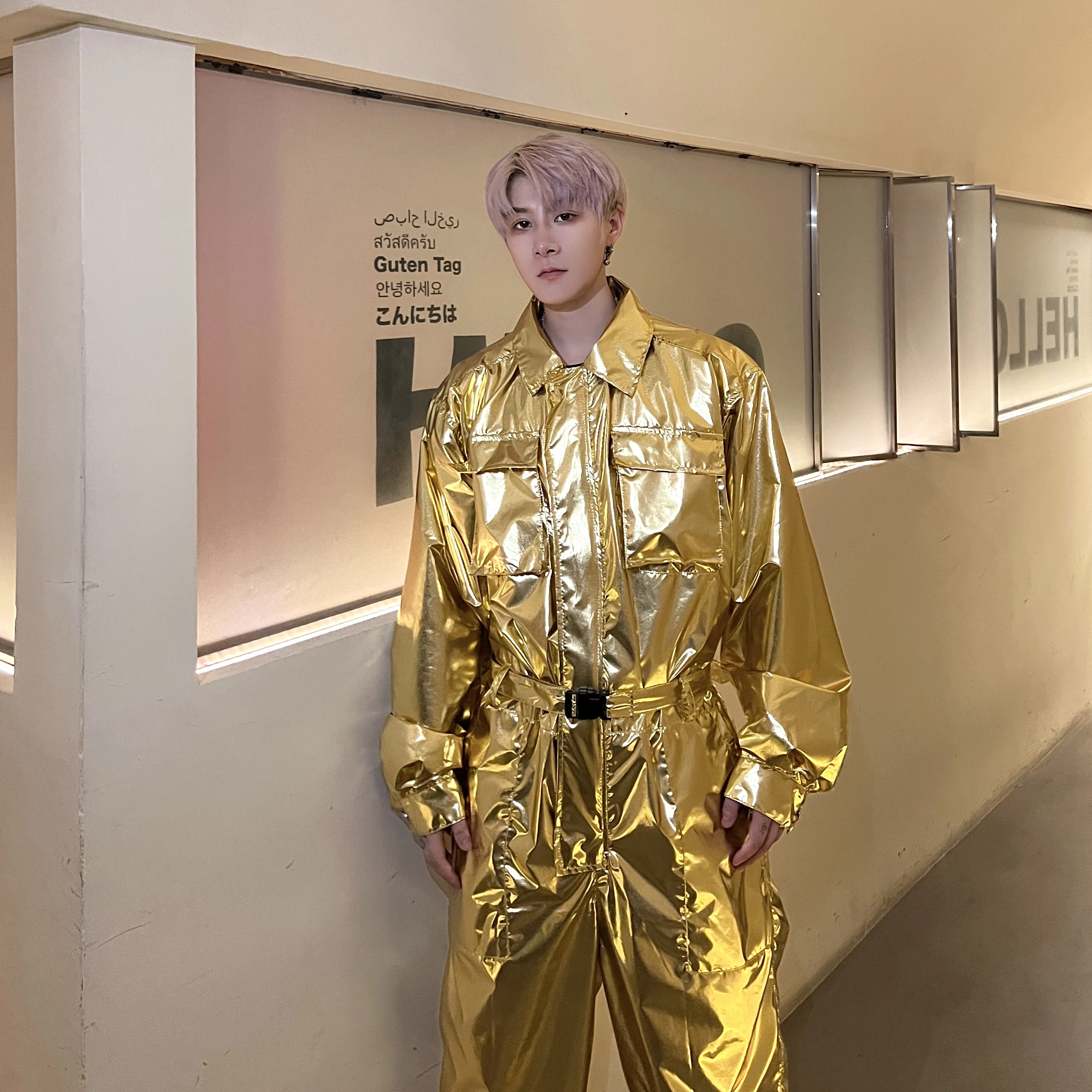 

Серебряный зеркальный костюм Fini Laser Suit Jaet с металлической текстурой, сценический наряд ex Evening Par, цельный костюм, мужская одежда