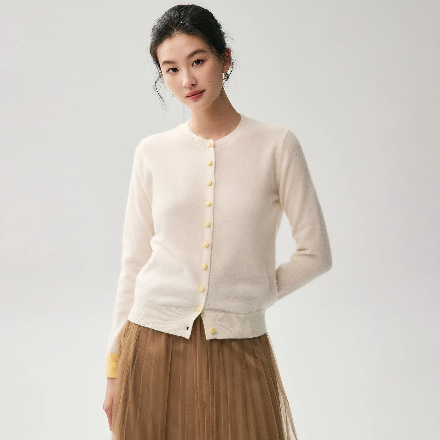 Cashmere knitted cardigan women's round neck sweater wool color matching coat