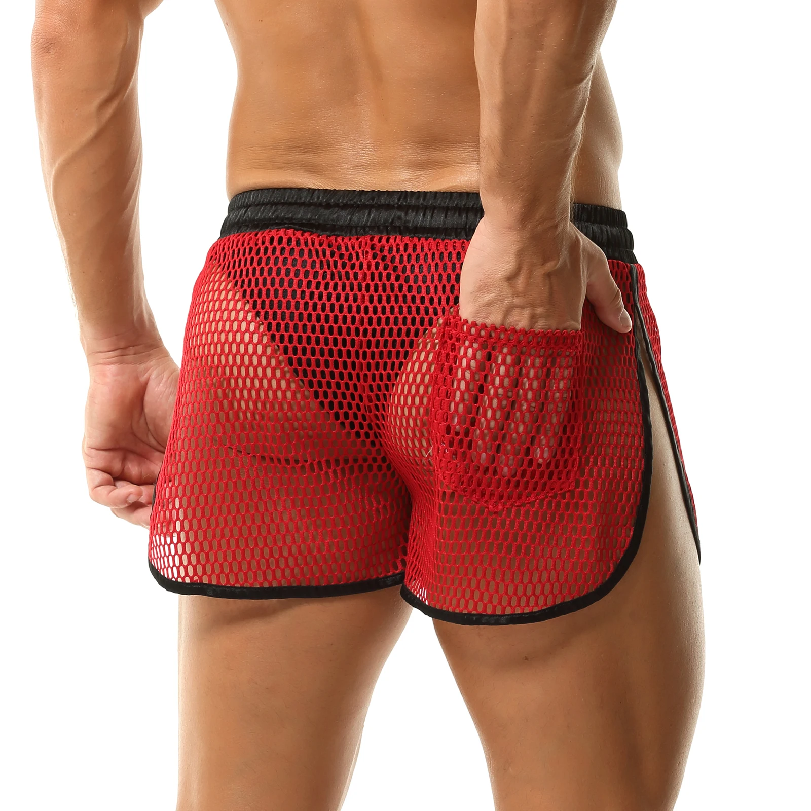 Men's Sexy See-Through Arrow Pants Mesh Hollow Sides Open Loose Boxer Shorts Breathable Fishnet Anal Transparent Men Trunks