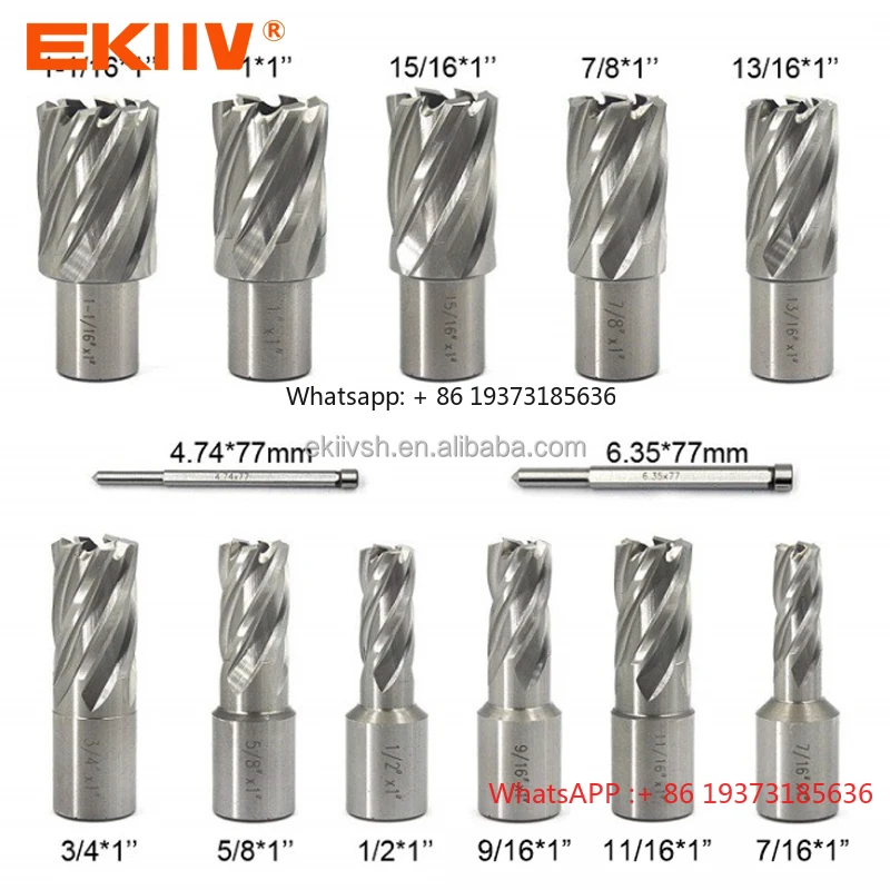 EKIIV Annular Cutter Set 11pcs 3/4 Inch Weldon Shank 7/16 to 1-1/16 for Drill Press HSS Standard Kit Two Flat with 2 Pilot Pins