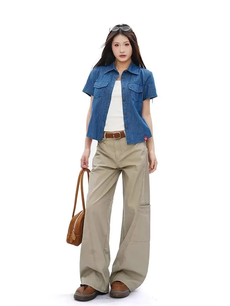 ملابس عمل جديدة على الطراز الأمريكي جينز كاكي عتيق مناسب لكل من الرجال والنساء بنطال ذو قصة أرجل واسعة وسراويل عصرية فضفاضة لأرضية الشارع