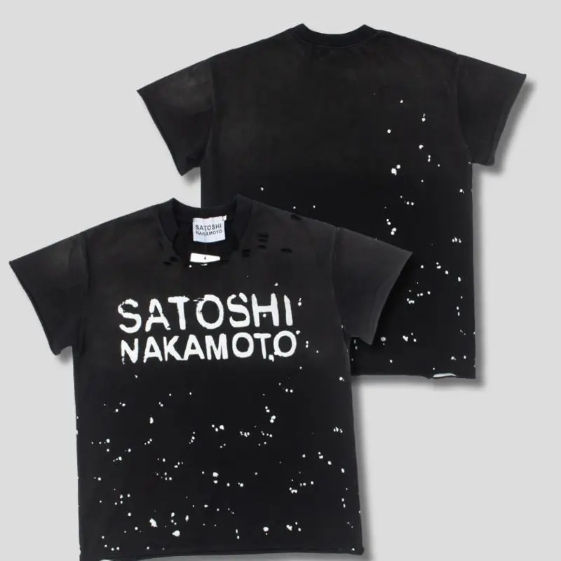 Vinatge Hiphop Street Summer Washed Black Satoshi Tshirts Cut Hole Irregular Collar White Splashed Ink Short Sleeve Men Women